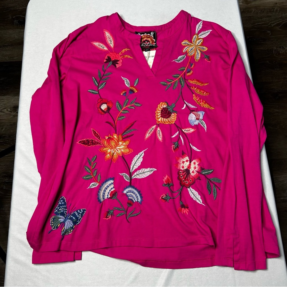Johnny Was Sandra Split Jersey Long Sleeve Tee Pink Embroidery New Sz XL Boho